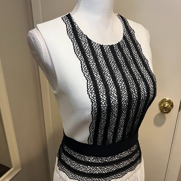 BCBGMaxAzria "Adelyn" Off White Sleeveless Pleated Skirt Lace Trim Dress, Size 4 - Picture 8 of 16